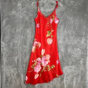 Y2K Fairy Beach Dress Womens S Red Floral Sheer Mesh Asymetrical Hem